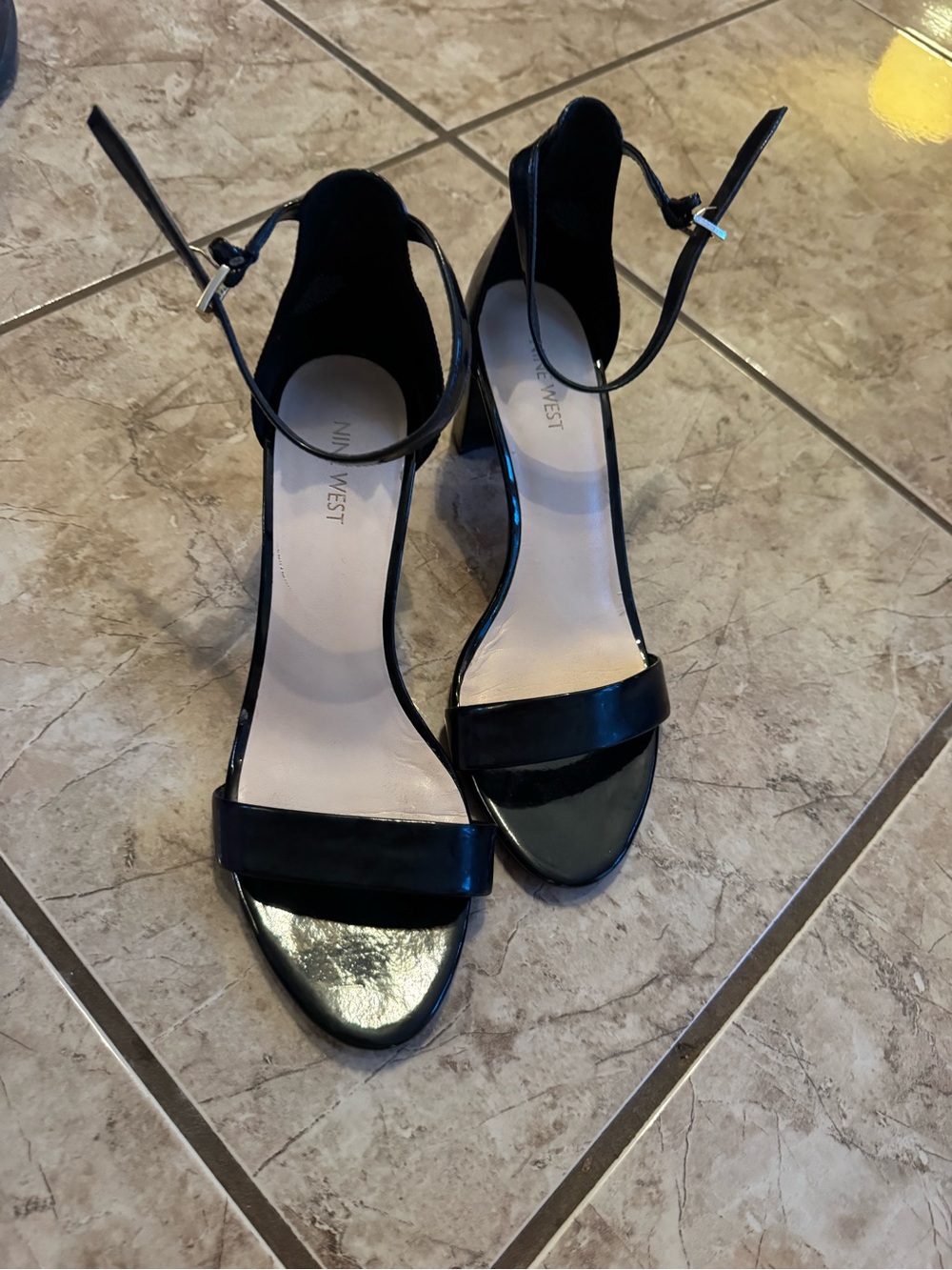 Nine West Black Patent Ankle-Strap Block Heels